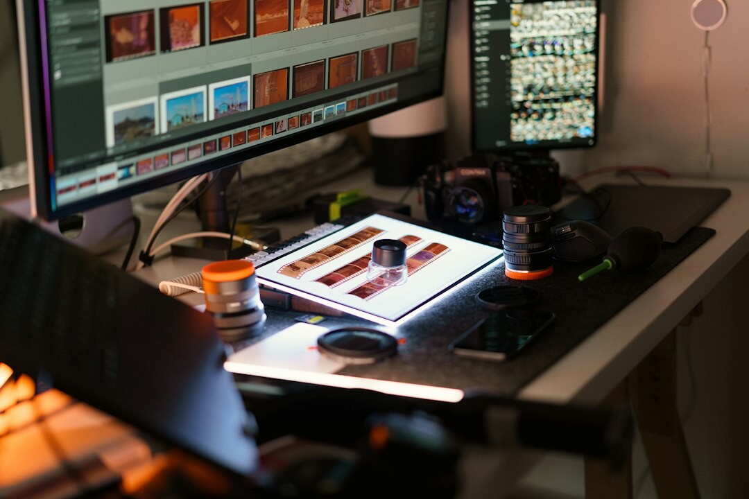 video editor at desk with multiple screens